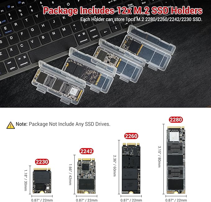 EVA PU M.2 SSD Holder with 12 Clear M.2 NVMe Cases for 2280/2260/2242/2230 SSDs, Water-Resistant & Shockproof with Zipper Pocket & Carry Handle