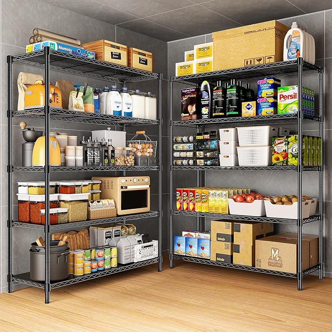 48" W Storage Shelves 5-Tier Wire Shelving, 1875LBS Adjustable Metal Shelving with 5 Shelf Liners, Heavy Duty Steel Wire Rack for Garage Commercial Pantry Kitchen, 48" W x 18" D x 72" H, Black