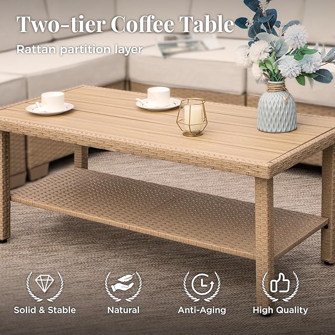 Patio Furniture Set, 8 Piece Outdoor Rattan Wicker Sectional Conversation Set with 5.5" Thick Waterproof Cushions and Coffee Table