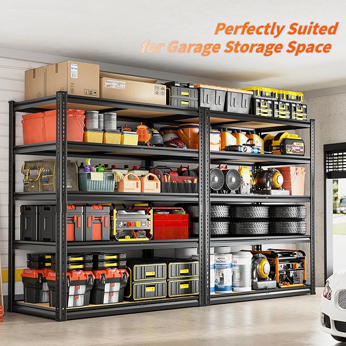 2300LBS Storage Shelves Heavy Duty 5 Tier Garage Storage Shelving, Adjustable Metal Shelving Unit Utility Rack Shelf for Warehouse, Pantry, Closet, 72" H x 40" W x 20" D, Black,2PCS