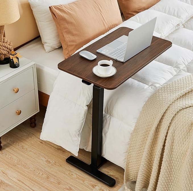 Overbed Table with Hidden Wheels, Height Adjustable Medical Bed Table Hospital Bedside Table, 28" W x 16" D Rolling Laptop Standing Desk for Home & Office, Walnut Brown
