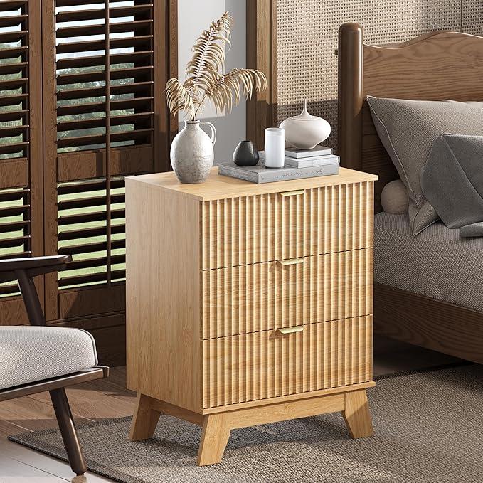Natural Oak Night Stand with 3 Drawers, Bedside Table & End Table, 24" Wide Mid Century Modern Fluted Wood Nightstand with Metal Handles, Farmhouse Night Stands for Bedroom
