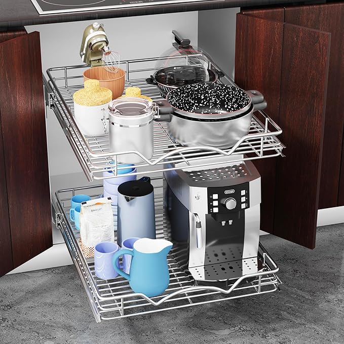 HOLDN’ STORAGE Two Tier Pull Out Cabinet Organizer, Individual Sliding Drawers - Heavy Duty Metal with Lifetime Limited Warranty - Anti Rust Chrome Finish - 22" W x 21”D x 16.5" H