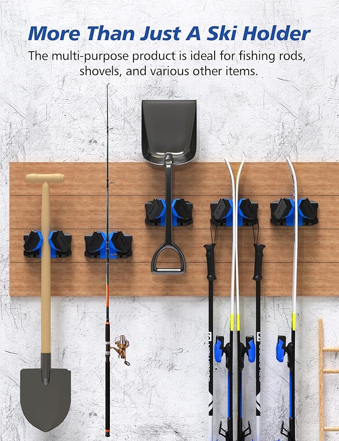 Ski & Snowboard Wall Rack, Ski Wall Mount & Ski Rack Wall Mount for Garage Space-Saving, Winter Gear Organizer, Fits Any Ski or Snowboard, Nonslip Ski Holders, Garage Organization, 4 Pack