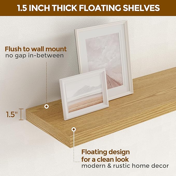Fun Memories 24 Inch Floating Shelves for Wall 2 Pack for Bedroom|Kitchen|Bathroom, Wall Mounted Rustic Wood Shelves, 9.3 Inch deep Floating Shelf with Invisible Brackets for Books|Storage|Decor,Oak