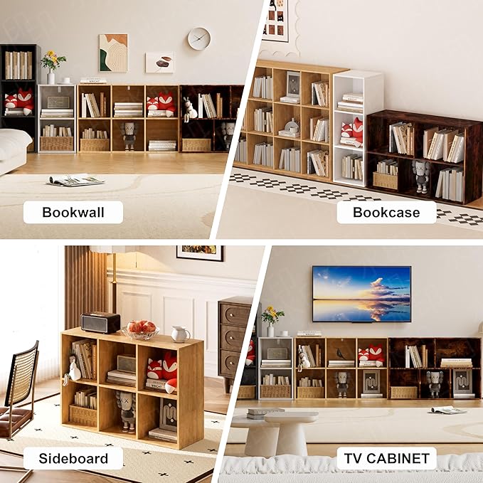 Book Shelf, Wooden Cube Storage Organizer with 11" Open Cubes, Stackable Modular Bookcase for Room Divider Storage, 3 Tier Bookshelf for Living Room, Bedroom, Office (Oak, 3-Cube)