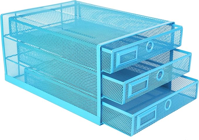 Annova Desk Organizer Wire Mesh 3 Tier Sliding Drawers Paper Sorter/Multifunctional/Premium Solid Construction for Letters, Documents, Mail, Files, Paper, Kids' Art Supplies (Blue)