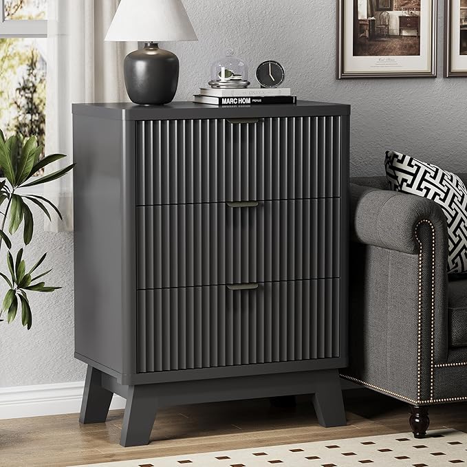 Fluted Nightstand with 3 Storage Drawers, 24" Wide Wood Bedside Table with Mental Handle, Mid Century Modern Wooden Side Table Night Stand, Curved End Table for Bedroom, Living Room, Black