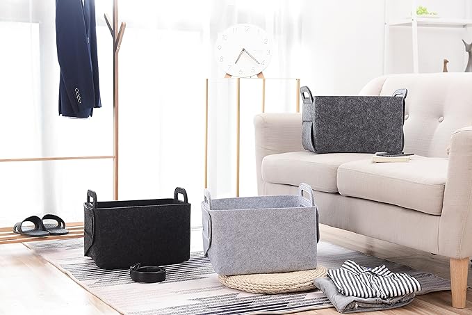 Minoisome Storage Basket Felt Storage Bin Collapsible& Convenient Box Organizer with Carry Handles for Office Bedroom Closet Babies Nursery Toys Laundry (Grey, 13.8inch（L）×9.5inch（W）×8.3inch（H）)