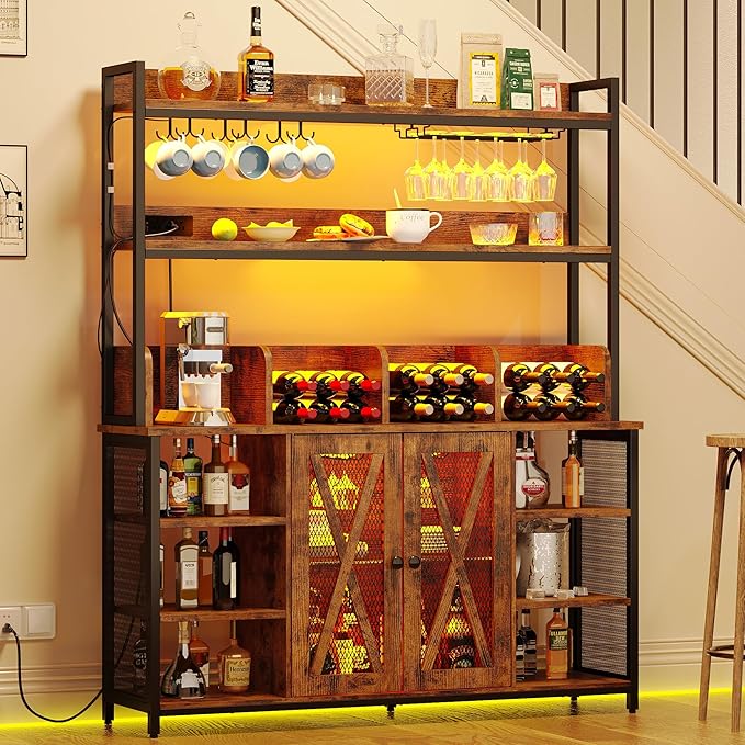 IRONCK Coffee Bar Cabinet with Power Outlet, Industrial Buffet Cabinet with LED Strip and Glass Holder, 3-Tiers Liquor Cabinet Bar for Home, Dining Room, Kitchen, Vintage Brown