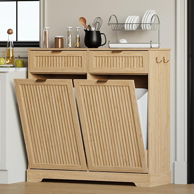 2 x 13 Gallons Double Tilt Out Trash Can Cabinet, Wooden Fluted Trash Garbage Can Cabinet with 2 Drawers, Hidden Laundry Hamper with Hooks for Kitchen Living Room, Natural Oak