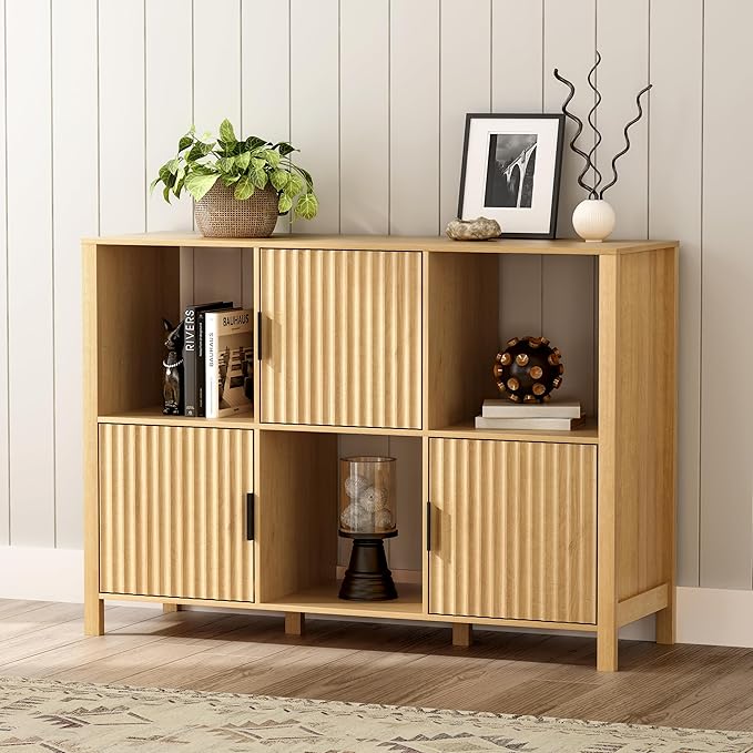 Fluted Storage Bookshelf Set of 2, Modern Wooden 6 Cube Bookcase with Doors and Open Shelf, 2-Tier Short Organizer Book Shelf for Living Room, Bedroom Natural Oak