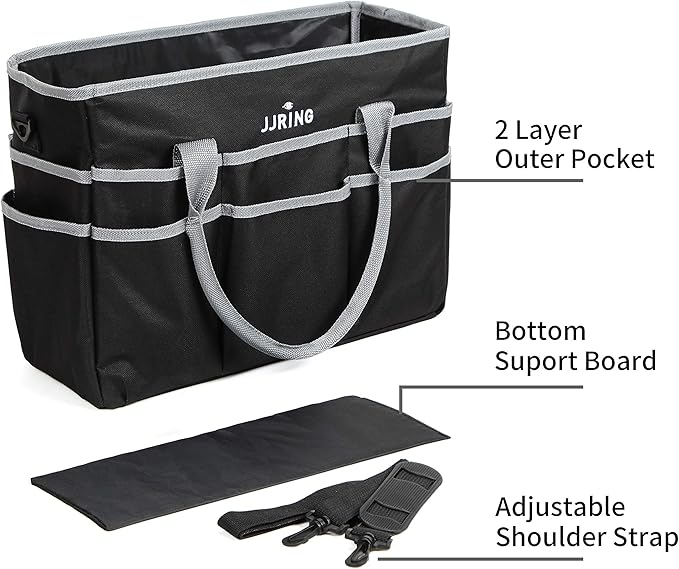 JJRING Large Multi-Functional Carrying Bag, 600D Nylon Artist Tote Bag with 16 Pockets Caddy for Art, Craft, Sewing, Make-up or School, Medical, Office Supplies Organizer, Silver