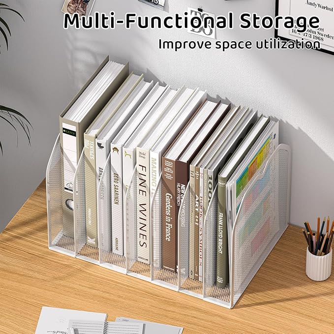 White 7-Section File Folder Organizer for Desk – Metal Vertical File Holder, Desktop File Organizer Vertical Stand, Letter/A4 Folder Rack, Upright File Sorter, Office Paper Organizer