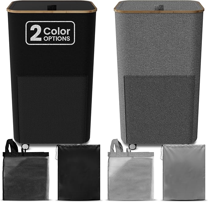 Laundry Basket with Wheels and Handle - 100L Bamboo-Fabric Laundry Hamper with Lid, Front Mesh Pocket, Travel Bag, Sturdy Wheels, Black