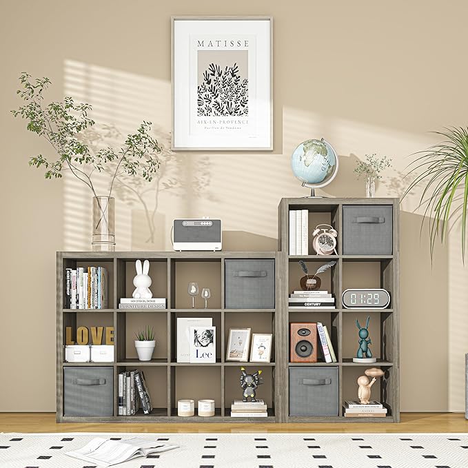 furtble Bookshelf with Storage Bins, 16-Cube Storage Organizer with Back Panels, Modern Wood Open Bookcase, Multifunctional Display Shelf for Living Room, Bedroom, Home Office, Gray Oak