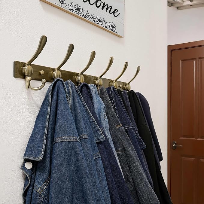 Dseap Coat Rack Wall Mount 2.0 Pro: 24” Long, 3X Tougher, Heavy Duty Stainless Steel Wall Coat Hanger with 6 Tri Hooks for Clothes Jackets Hats Entryway Closet, Bronze, Pack of 2