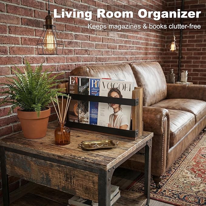 Wood Magazine Holders Wall & Bathroom Magazine Rack, Pine Wood + Black Metal Wall Magazine Holder for Magazines, Books – Mountable or Freestanding Organizer