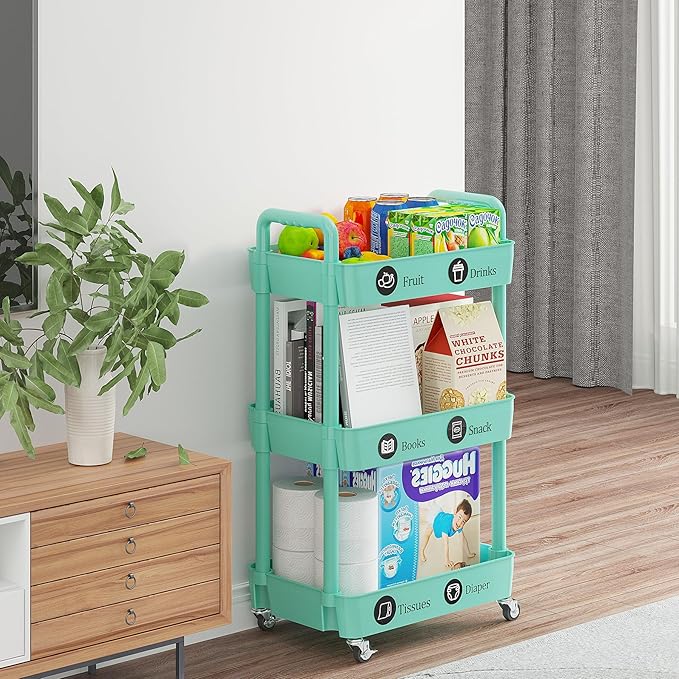Laiensia 3-Tier Rolling Cart with Wheels,Multifunction Utility Storage Carts, Kitchen Storage Organizer,Mobile Shelving Unit for Bathroom,Laundry,with Classified Stickers,Green