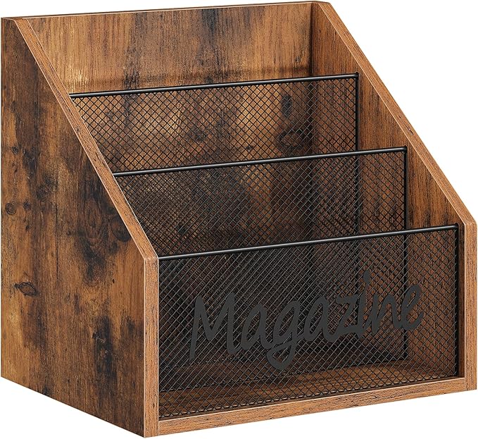 Magazine Holder, Wood Magazine Rack Floor, Mail Organizer Countertop, Magazine Mail Holder Sorter, Record Holder for Magazines, Books, Newspapers, Tablets, Rustic Brown and Black MR02BR