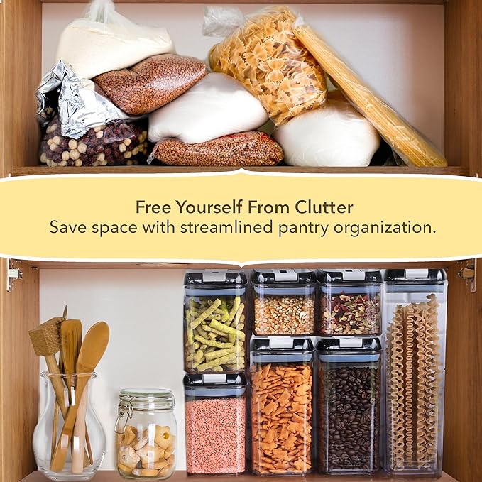 Simply Gourmet Airtight Food Storage Containers with Lids – 14 Piece Assorted Size Kitchen Pantry Organization Set, BPA-Free Clear Plastic, Stackable Containers for Cereal, Flour, Sugar, Rice, Snacks