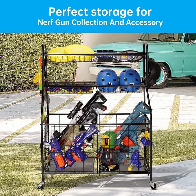 Kinghouse Garage Sports Equipment Organizer, Ball Storage Rack, Toy Storage, Nerf Gun Organization on Wheels for School, Garage, Black, Steel (Black)