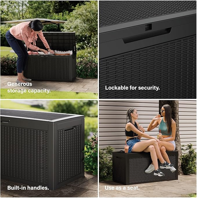 100 Gallon Deck Box, Resin Outdoor Indoor Waterproof Storage Box, Lockable Storage Box With Handle for Patio Furniture - Garden Tools - Swimming Pool Tools UV-Resistant, (100 Gallon Black)