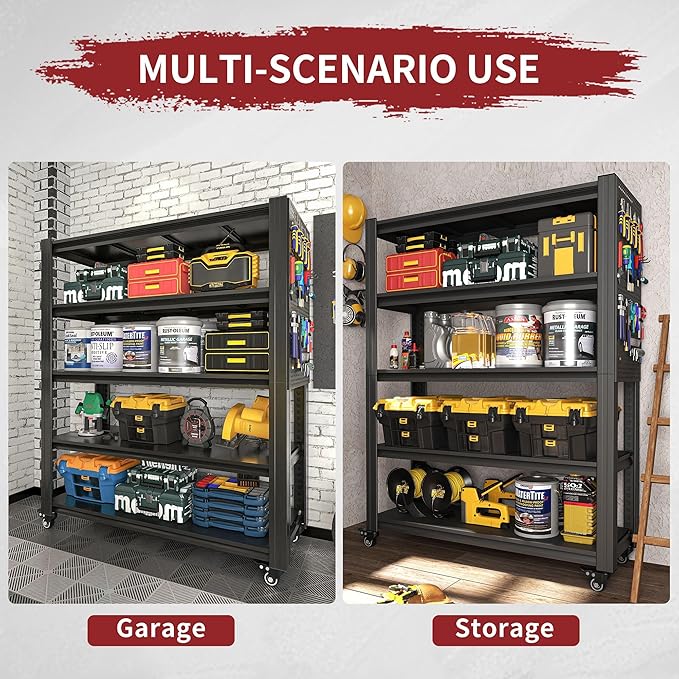 72" H 5 Tier Adjustable Shelving Unit with Pegboard & Wheels - Heavy Duty Metal Storage Rack for Garage, Warehouse, Office - 2000LB Capacity, Tool-Free Assembly (23.6" D x 47.2" W)