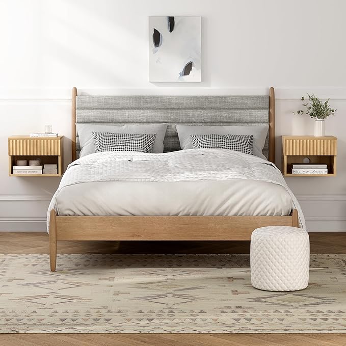 Floating Nightstand with Drawer and Open Shelf, Small Wall Mounted Bedside End Table, Modern Fluted Night Stand for Bedroom, Living Room, Natural Oak