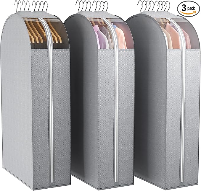 10" Gusseted Garment Bags for Hanging Clothes with Clear Window 50" Suit Bags for Open Closet Storage, Clothing Cover for Coat, Dress, Jacket, Shirt, Fur Wardrobe Protector, 3 Packs