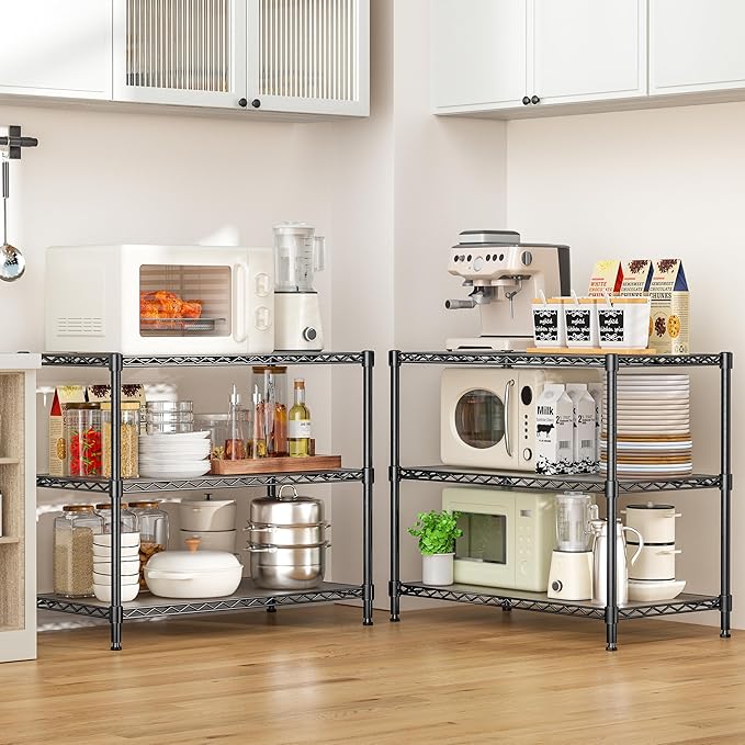 3-Shelf Adjustable Storage Shelves Metal Shelving Unit Heavy Duty Wire Rack Small Organizer with 3 Shelf Liners for Kitchen Pantry Bathroom Laundry Closet Garage 24" W x 14" D x 30" H Black