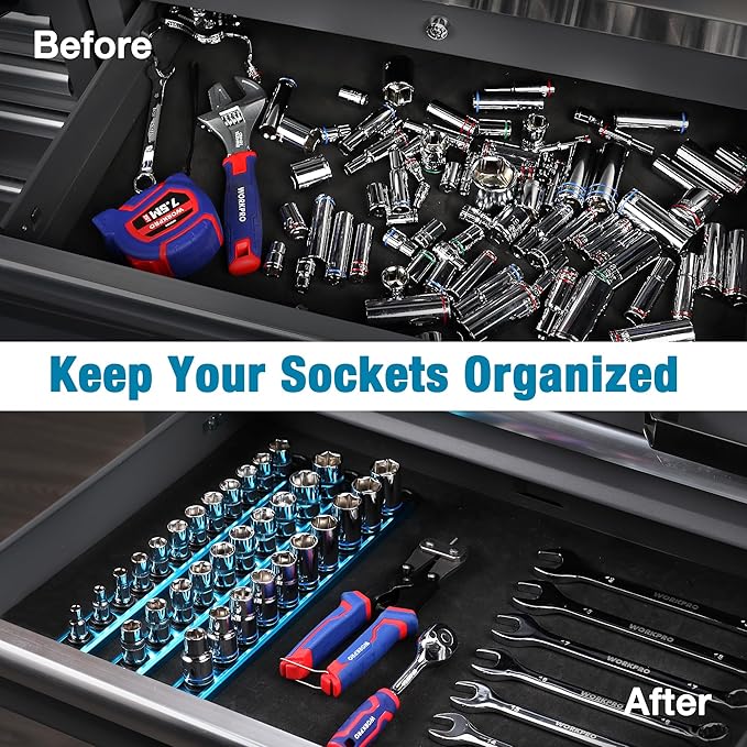 WORKPRO Magnetic Socket Organizer, 1/4-Inch Drive Aluminum Alloy Socket Rail, Heavy Duty Socket Holder, Socket Rack Kit 1/4-Inch x 12 Clips Sky Blue (Socket not Included)