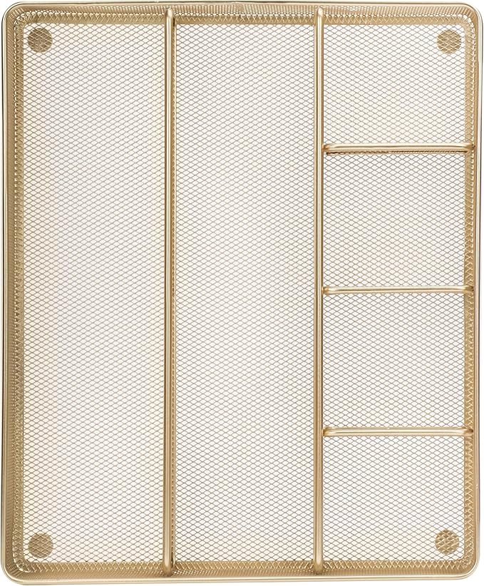 Annova Desk Top Organizer Tray for Office Organization - Metal Mesh - Storage Tray with Dividers for Pens, Desktop Accessories, Bathroom, Kitchen, Makeup and Office Supplies (Large, Gold)