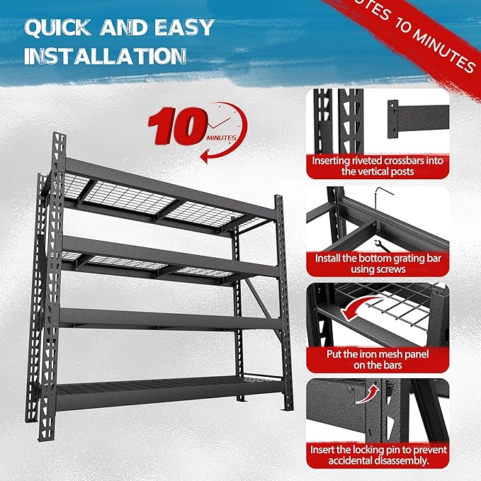 BlueWish 8000LBS 78 "W x 24 "D x 72 "H Garage Shelving Heavy Duty Storage Shelves, 4-Tier Adjustable Storage Shelves, Iron Industrial Shelving for Basement Warehouse Basement, Black