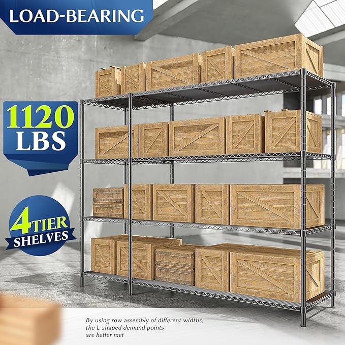RRomorgniz 52.4W Wire Shelving Rack, 4Tier Metal Shelving Unit,1120LBS Heavy Duty Storage Shelves,Adjustable Pantry Shelves, Metal Shelf and Storage Rack,Industrial Shelving 52.4Wx13.8Dx59H,2PCS