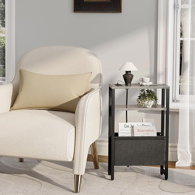 Narrow Side Table with Charging Station Slim End Table Sofa with Magazine Rack, Bedside Table for Small Spaces, 3 Tier Nightstand for Living Room Couch, Bedroom Oak Grey LET503QE