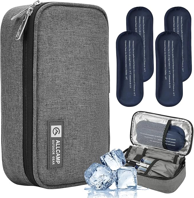 ALLCAMP Insulin Cooler Travel Case TSA Approved, Diabetic Medication Cooler Bag with 4 Ice Packs & Multi-Layer Storage, Portable Medical Cooler with Insulation Liner(Gray)