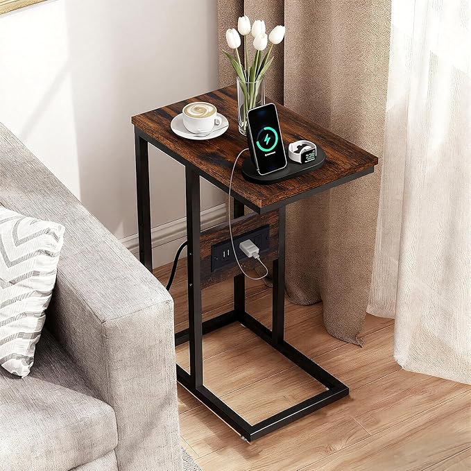 VECELO C Shaped End Side Table with Charging Station & Power Outlets for Couch Sofa/Bed, Snack TV Tray with Metal Frame for Living Room Bedroom 1 PCS, Brown
