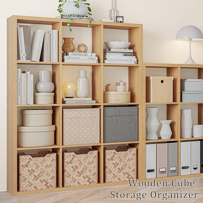 Cube Storage Organizer Bookcase, Decorative 11 inch Open Back Cubical Shelf with Thickened Border, Display Bookshelf for Living Room, Home Office, Sturdy Room (Natural Oak, 12 Cube)