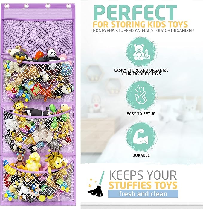 Honeyera Plush Storage (Patent Pending) - Plush Hammock Net Over Door Organizer for Stuffies, Baby Accessories, Toy/Hammock Hanging Storage Big Girls Toddler Large Bag Animals (Purple)