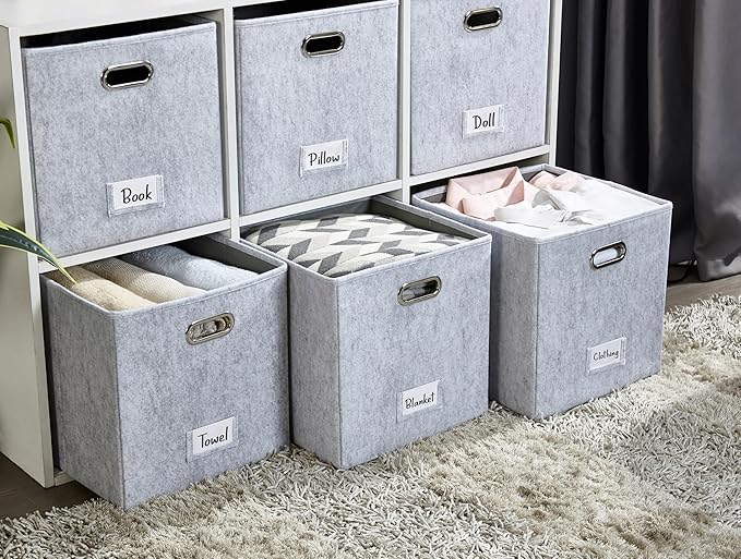 DECOMOMO Felt Storage Bins, 13 inch Cube Storage Bins with Labels for Organization (Cube 13" / 6pcs, Light Grey)