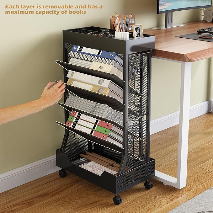 Book Cart with Wheels Mobile Bookshelf Rolling Bookshelf Organizer Bookcase Book Storage Rack, Book Movable Rolling Carts with Wheels for Office School, Black