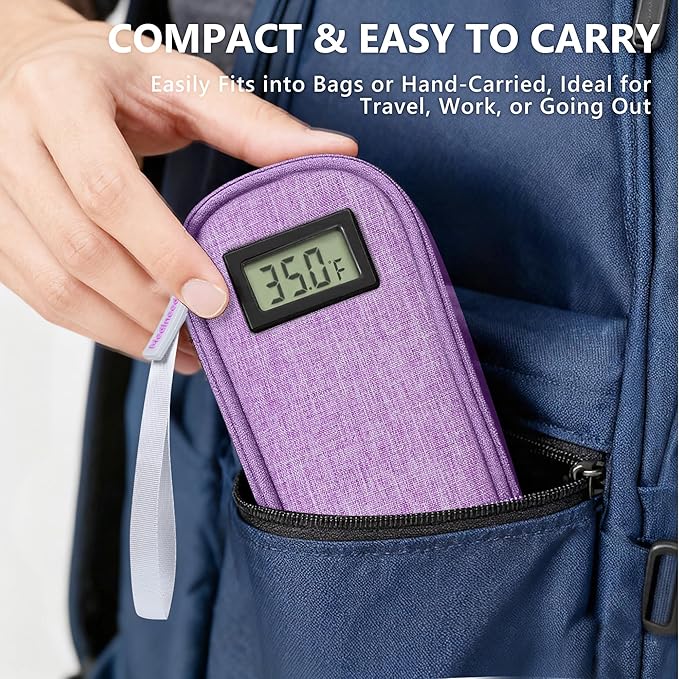 Insulin Cooler Travel Case TSA Approved with Temperature Display – Diabetic Medication Travel Case with 2 × 90g Ice Packs, Portable Medicine Organizer for 3–4 Insulin Pens and Diabetic Supplie(Purple)