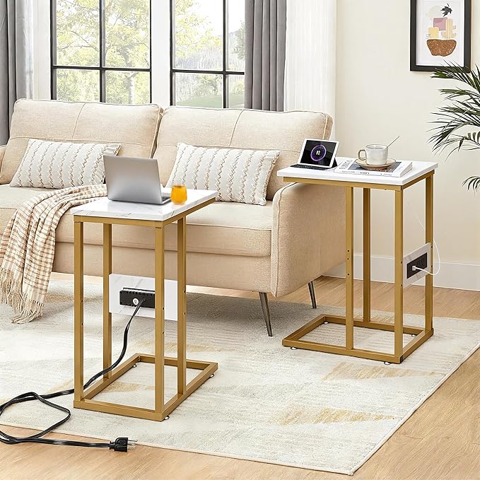 VECELO C Shaped End Side Table with Charging Station & Power Outlets for Couch Sofa/Bed, Snack TV Tray with Metal Frame for Living Room Bedroom 2 PCS, Gold