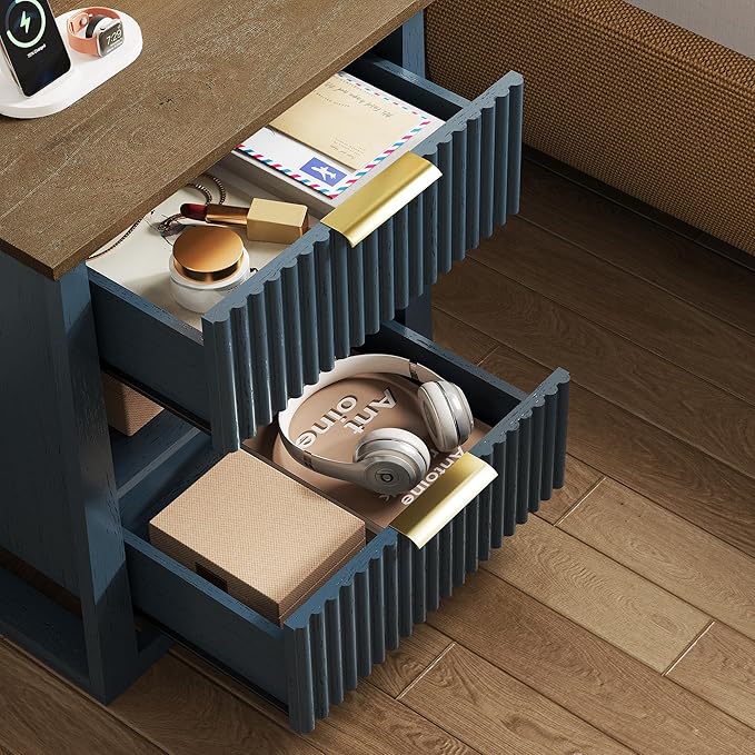 HIFYOBRO Fluted Nightstands with Charging Station & Motion Sensor Light, Modern Bedside Tables with 2 Drawers and Storage Shelf for Bedroom, Living Room,Blue