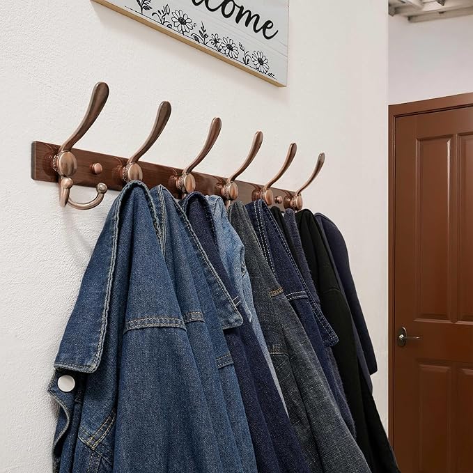 Dseap Coat Rack Wall Mount 2.0 Pro: 24” Long, 3X Tougher, Heavy Duty Stainless Steel Wall Coat Hanger with 6 Tri Hooks for Clothes Jackets Hats Entryway Closet, Antique Copper, Pack of 2