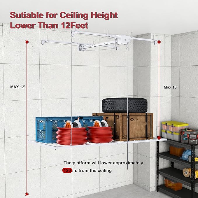 Overhead Garage Storage Rack 3x6 FT, Adjustable Ceiling Lift Storage System for 10–12 FT Ceilings, Heavy-Duty Steel Overhead Shelf with Crank Handle, Safety Lock, 270 lbs Capacity