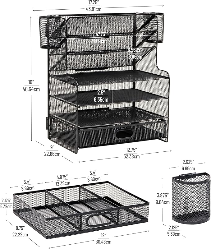 Mind Reader Mesh Desk Organizer, 6 Compartments, 1 Drawer, 2 Pen Cups, Office Desktop Organizer, Metal Mesh, Black