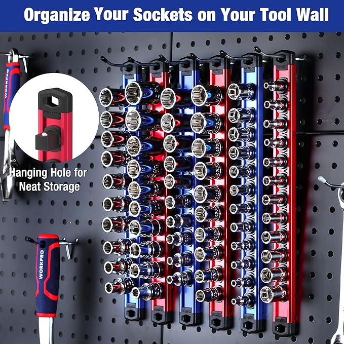 WORKPRO Magnetic Socket Organizer - 6-Piece Aluminum Alloy Socket Rail, Heavy Duty Socket Holder - Set: 1/4-Inch x 12 Clips, 3/8-Inch x 10 Clips, 1/2-Inch x 10 Clips
