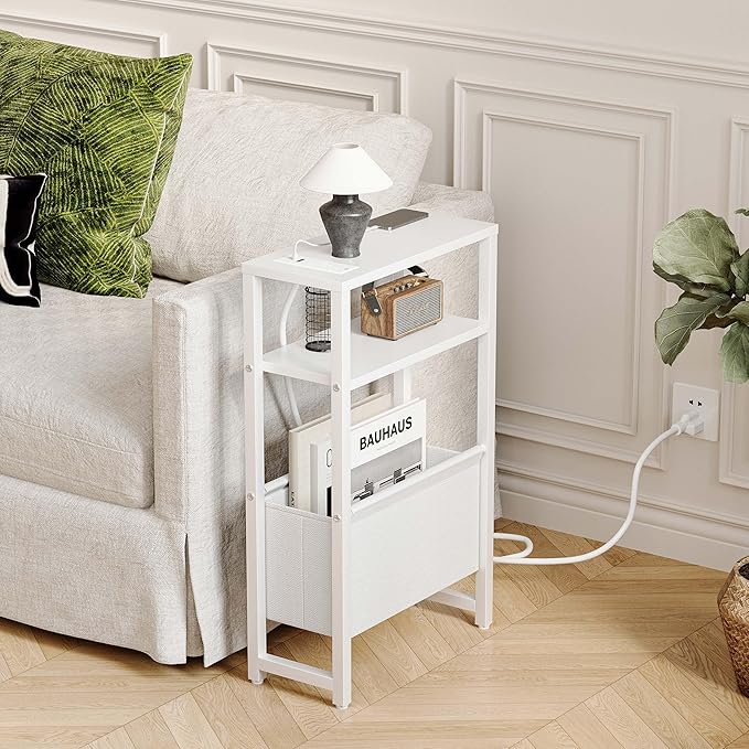 Narrow Side Table with Charging Station Slim End Table Sofa with Magazine Rack, Bedside Table for Small Spaces, 3 Tier Nightstand for Living Room Couch, Bedroom White LET503WE